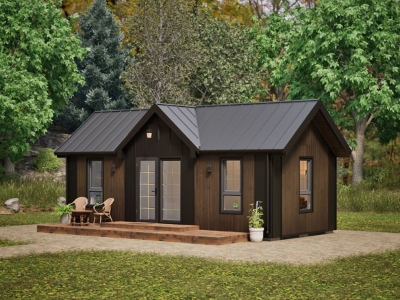 Dom modułowy z antresolą – panoramiczne przeszklenia i nowoczesna elewacja z drewna