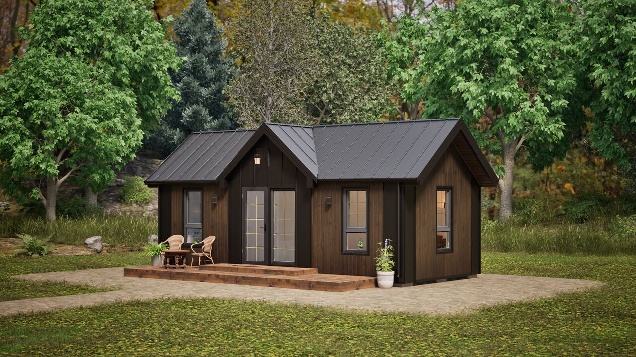 Dom modułowy z antresolą – panoramiczne przeszklenia i nowoczesna elewacja z drewna